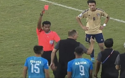 India coach Igor Stimac being shown the red card in the Kuwait SAFF Championship match.